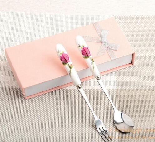 hotsalegift creative chinese style ceramic handle stainless steel spoon fork gift packaging