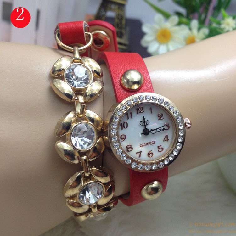 hotsalegift plum design pu leather diamond bracelet watch 2