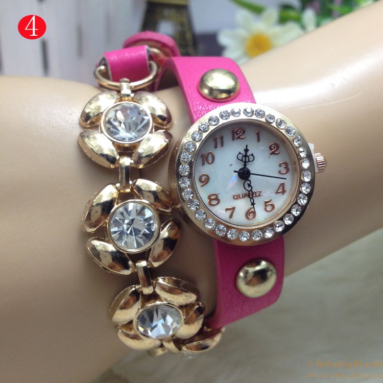 hotsalegift plum design pu leather diamond bracelet watch 4