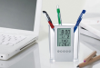 Kreativer transparenter Stift des elektronischen Kalenders, Werbungsstifthalter mit Uhr