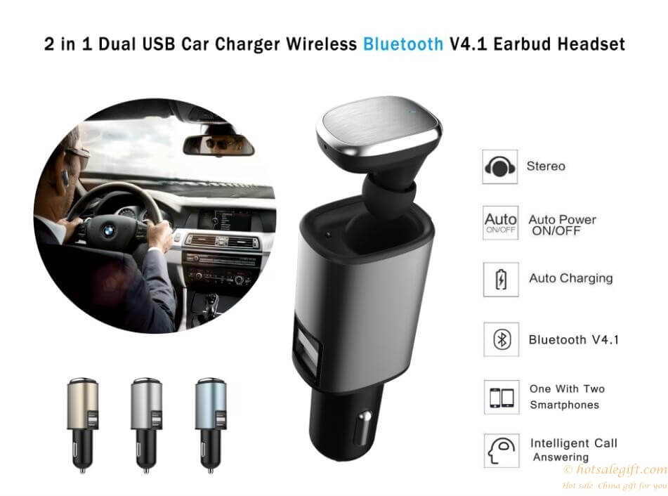 hotsalegift 2 1 dual usb car charger wireless bluetooth v41 earbud headset 4