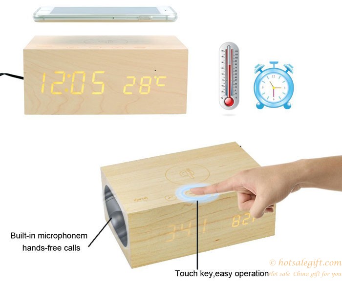 hotsalegift qi wireless charging wooden bluetooth wireless speaker handsfree thermometer nfc alarm function 1