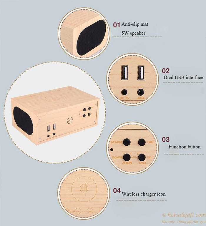 hotsalegift qi wireless charging wooden bluetooth wireless speaker handsfree thermometer nfc alarm function 2