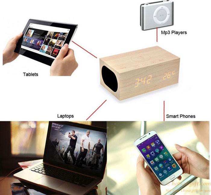 hotsalegift qi wireless charging wooden bluetooth wireless speaker handsfree thermometer nfc alarm function 3