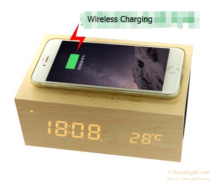 hotsalegift qi wireless charging wooden bluetooth wireless speaker handsfree thermometer nfc alarm function 6