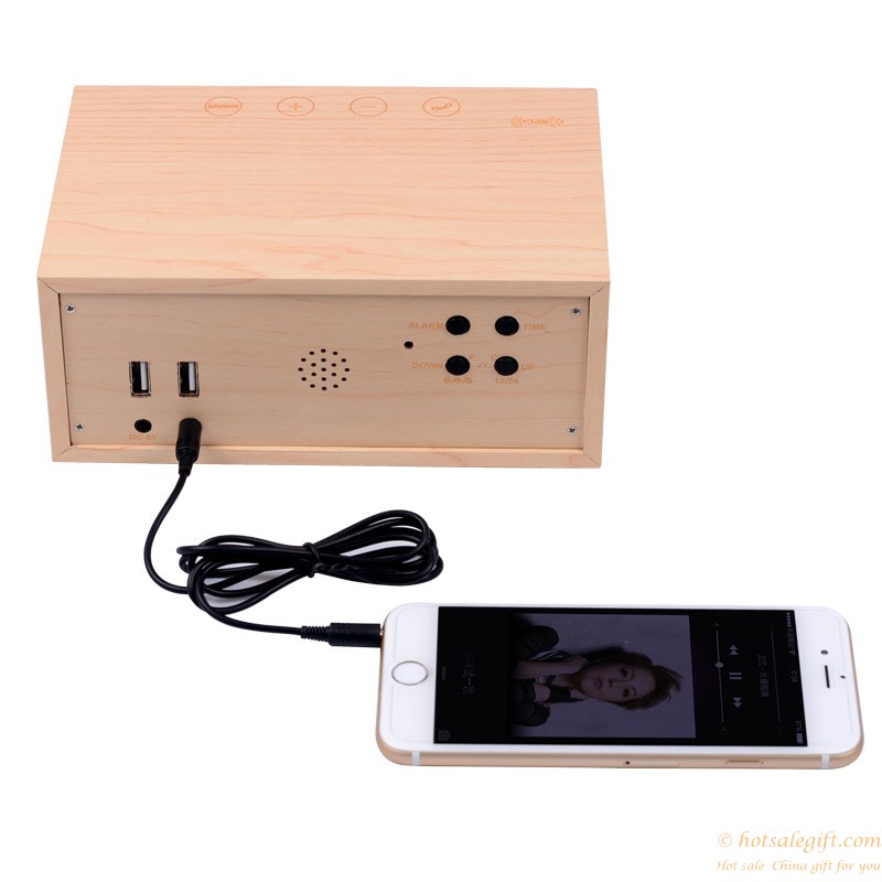 hotsalegift qi wireless charging wooden bluetooth wireless speaker handsfree thermometer nfc alarm function 7