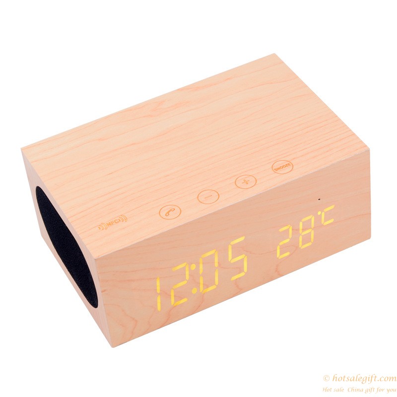 hotsalegift qi wireless charging wooden bluetooth wireless speaker handsfree thermometer nfc alarm function 8
