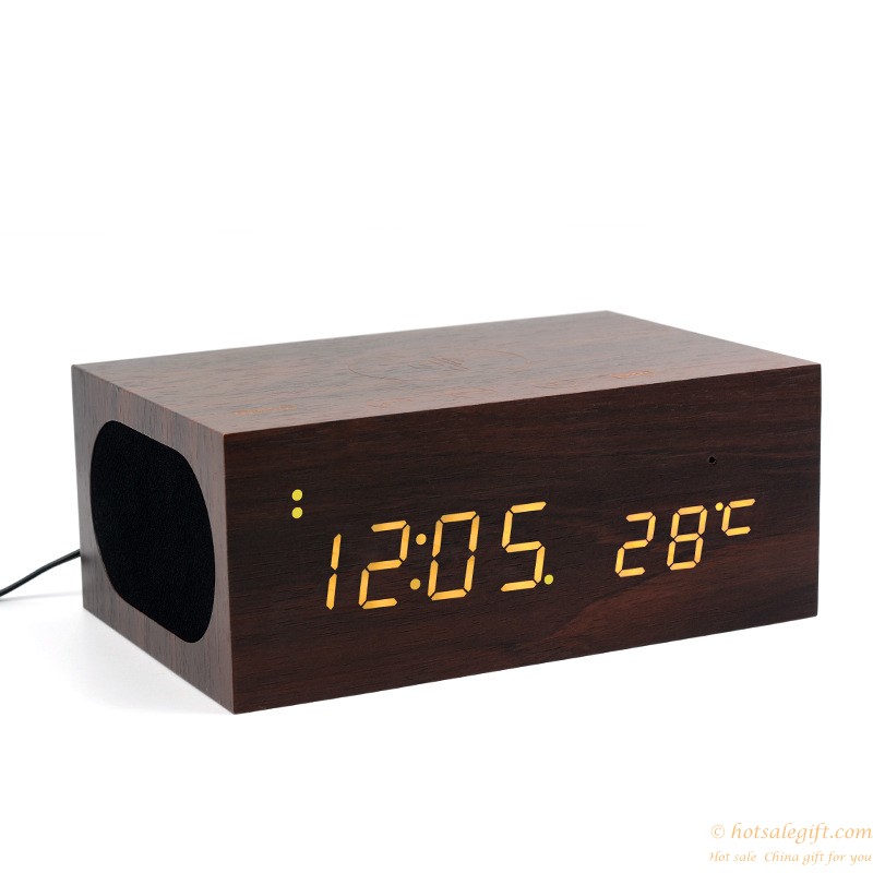 hotsalegift qi wireless charging wooden bluetooth wireless speaker handsfree thermometer nfc alarm function 9