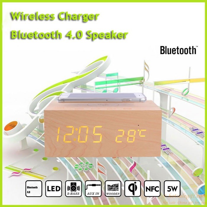 hotsalegift qi wireless charging wooden bluetooth wireless speaker handsfree thermometer nfc alarm function